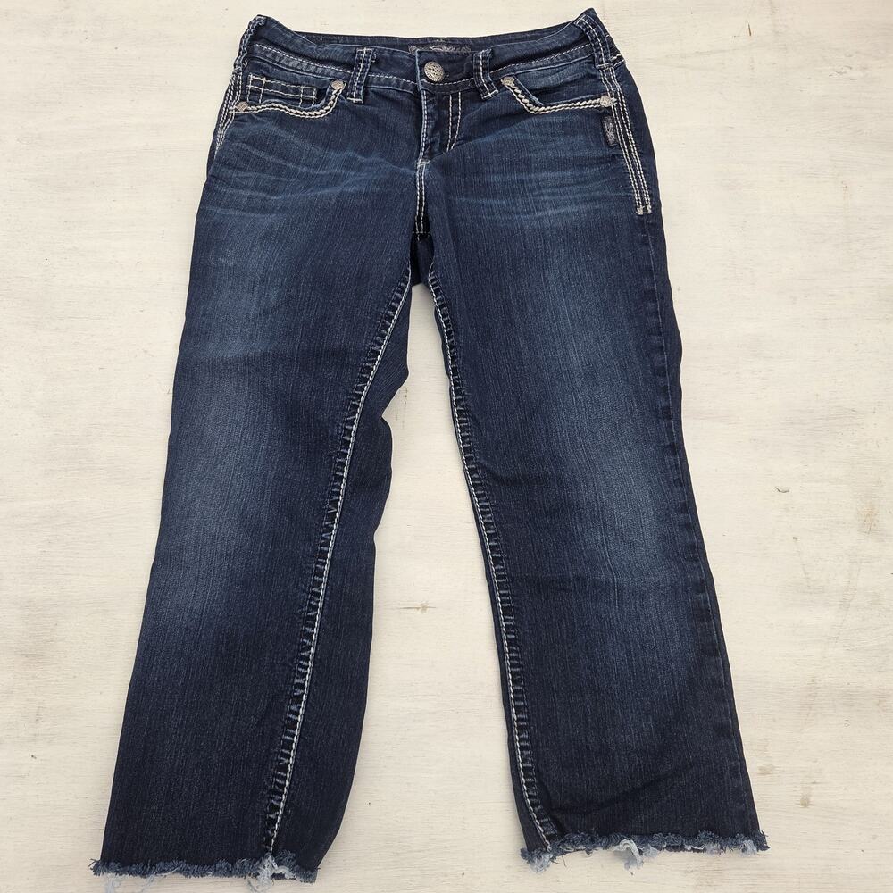 Silver Jeans Co Suki Flap Crop Women 29 Dark Blue Y2K Bling Baggy Denim Raw Hem